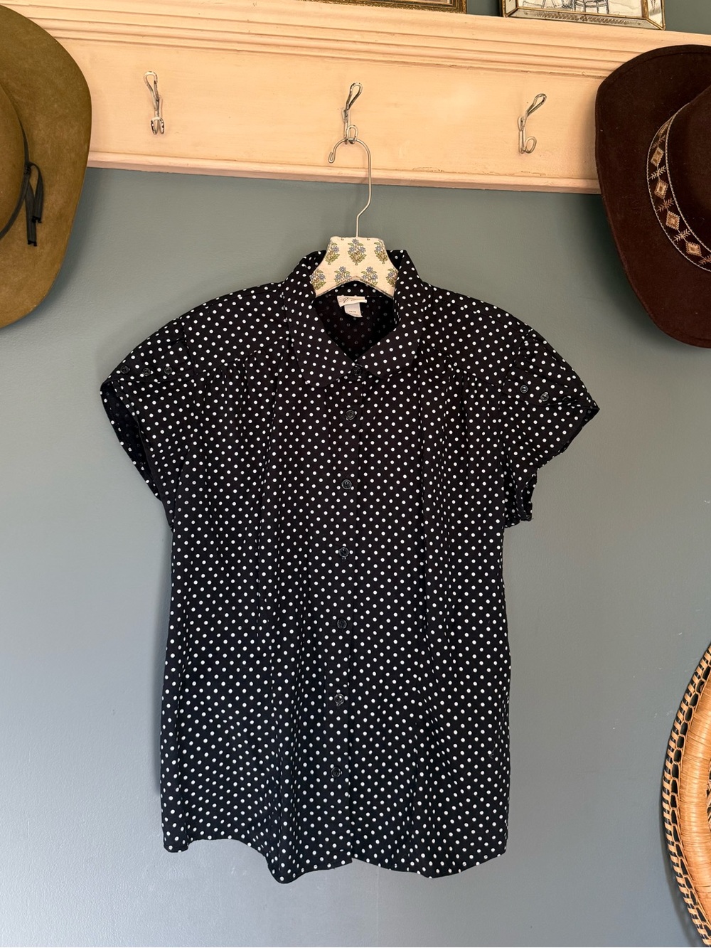 Anthropologie Venezia short sleeve Black Blouse White Polka Dots sz 14/ 16